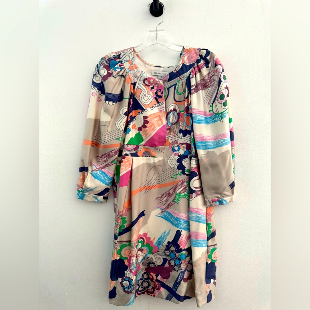 SEE BY CHLOE Dress Colorful Floral Pattern Puff Sleeve Party NWOT Size 2 EU 38